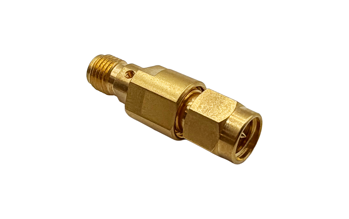 QMC-CRYOATTR-20MF ==> Non-Magnetic Cryogenic Attenuator 20 dB | DC to 26 GHz | SMA Male - SMA Female | Gold Plated Brass | Round One Piece Version